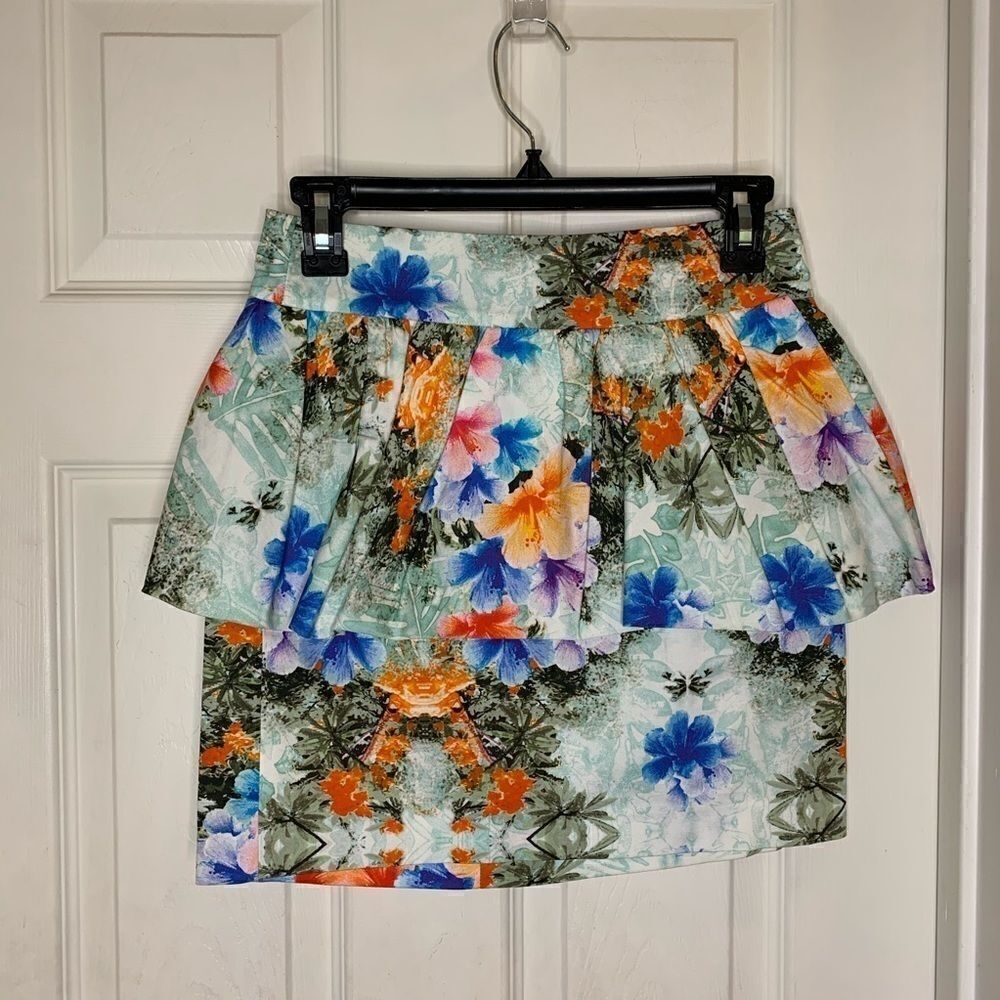 Zara Tropical Print Floral Pencil Skirt Ruffles
